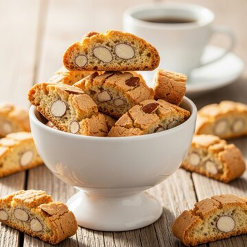 Homemade crunchy almond biscotti cantucci biscuits served in a white ceramic bowl on a rustic wooden table with coffee in the background. Ideal for a healthy breakfast or an afternoon snack tea break.