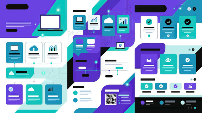 Modern Corporate Brochure Template: Data Flow, Analytics, Cloud Computing, QR Code, Business Process Illustration