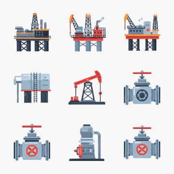 Corporate Set of Oil and Gas Industry Equipment with Offshore Platforms Pumps and Valves in Blue Gray and Red