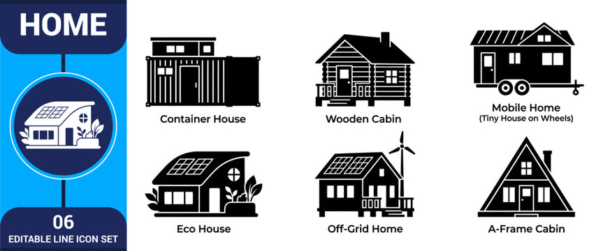 Home types icon set container cabin mobile eco friendly off grid living designs