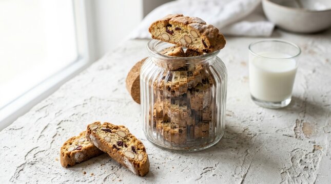 Delicious Italian almond and cranberry biscotti cantucci cookies stored in a glass jar and placed on a rustic stone table with a glass of fresh milk, perfect for a cozy morning breakfast or snack