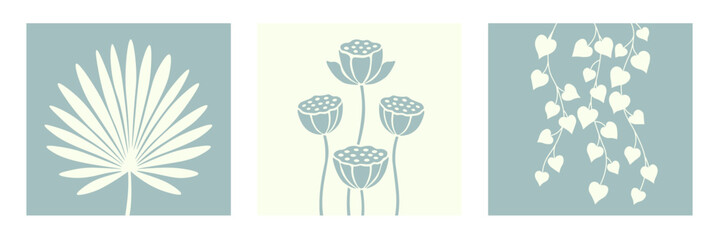 Minimalist botanical vector set with abstract tropical leaves and flowers in sage green and cream tones, modern scandinavian wall art design. © โยธิน ทุมจีน
