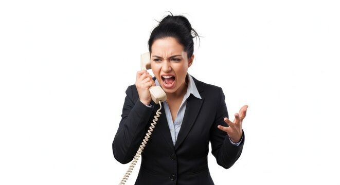 Angry businesswoman yelling on phone in office