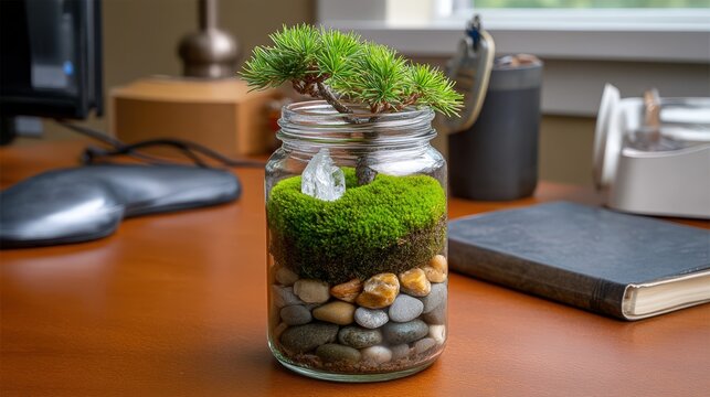 Small bonsai terrarium in a glass jar on an office desk