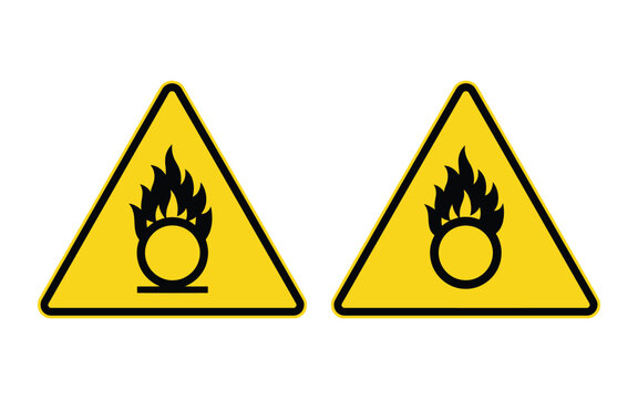 Flammable material warning signs with fire symbol and black silhouettes on yellow triangular backgrounds flammability hazard sign safety danger caution