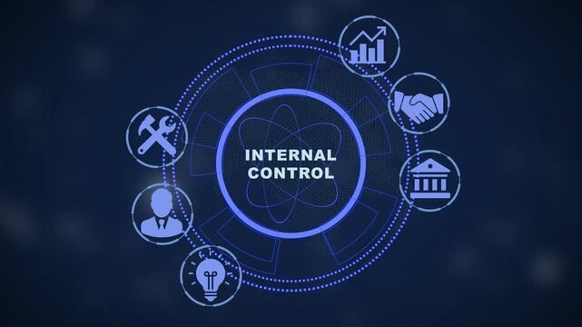 Internal control concept with digital business and hud interface animation for corporate governance, risk management, and compliance strategy