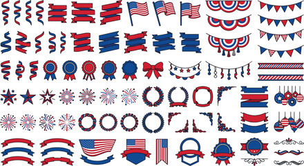 Obraz premium American Independence Day celebration vector element set with flags stars ribbons fireworks and badge decorations