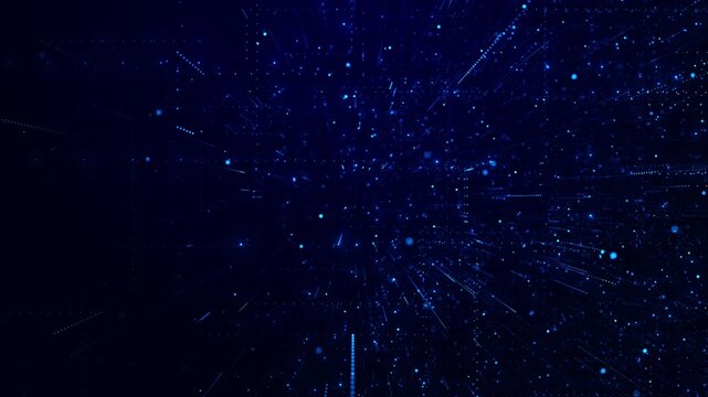 Blue starfield particle motion visual with glowing dots, rushing light streaks, and deep abstract tunnel space. Perfect for technology videos, cosmic intros, title backgrounds, and overlays.