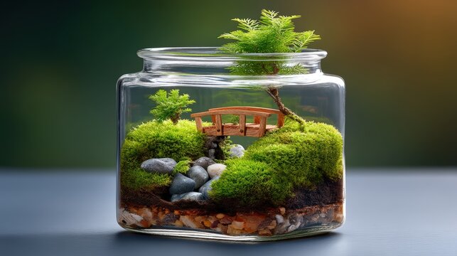 A miniature world inside a transparent glass jar terrarium with ferns and a small wooden bridge