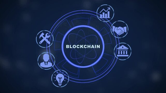 Blockchain technology digital interface with financial and business futuristic network connectivity and decentralized data security concept motion