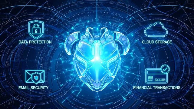 Futuristic Cybersecurity Interface with Digital Heart Shield and Security Icons for Data Protection, Cloud Storage, Email and Financial Transactions