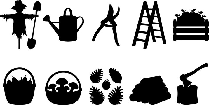 Set of garden and autumn harvest tools and elements silhouettes vector illustration