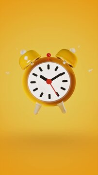 Yellow retro alarm clock on yellow background. 3d rendering