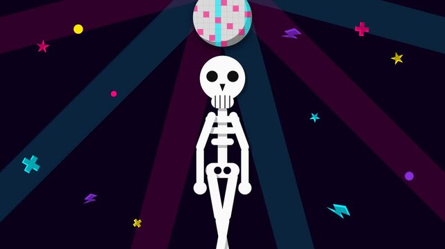 Flat Vector Animation of Dancing Skeleton Under Disco Ball with Colorful Party Lights