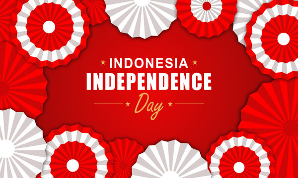 Indonesia Independence Day Background with Red White Paper Fan Frame and Gradient Background
