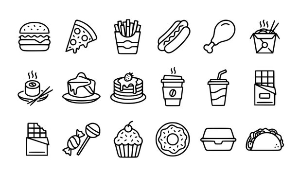 Snack Dessert and Fast Food Outline Icon Collection Restaurant Menu Vector Symbols