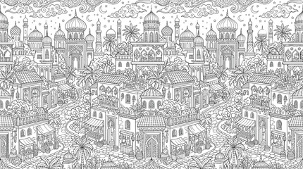 Ancient Arabic town landscape coloring page vector illustration with mosque minarets and market streetAncient  © Akramul