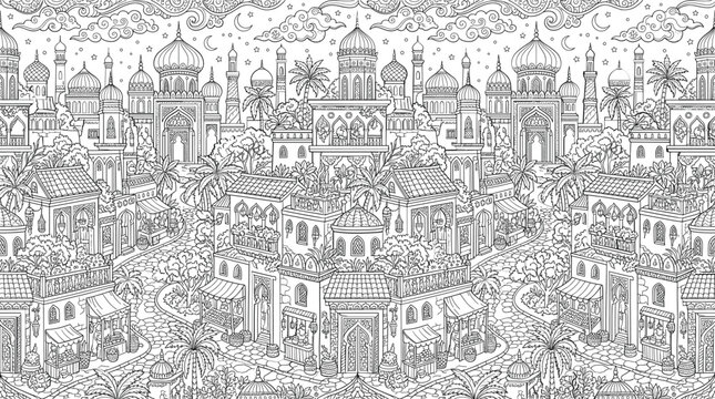 Ancient Arabic town landscape coloring page vector illustration with mosque minarets and market streetAncient 
