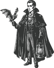 Obraz premium A vintage engraving of a vampire holding a bat and lantern during a spooky halloween night