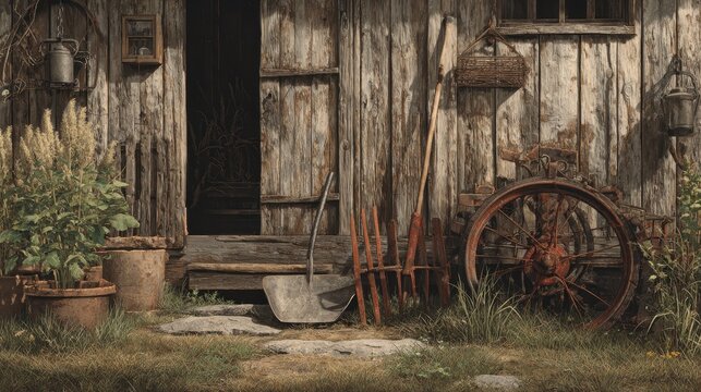Vintage farm tools leaning against weathered wood outside a rustic garden shed in sharp focus for agricultural branding and rural lifestyle marketing