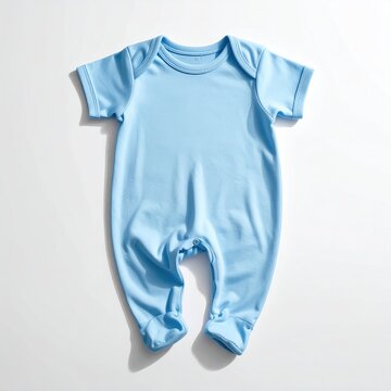 A light blue, short-sleeved baby romper with footie coverage on a white background