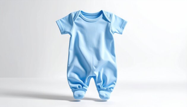 A light blue, short-sleeved baby romper with footies, isolated on a white background