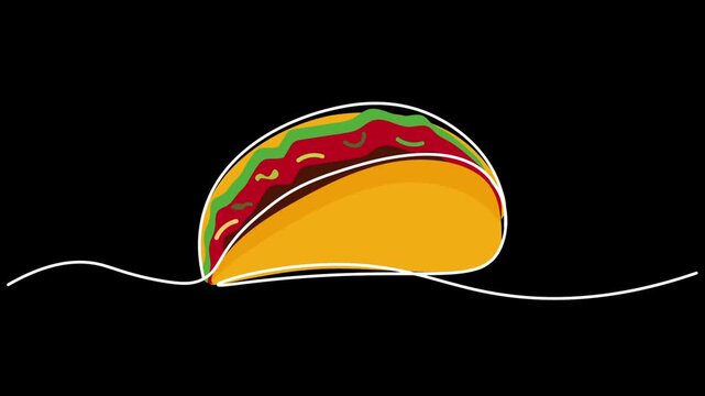 mexican street food Taco cuisine One line continuous drawing animation. animated hand- drawn banner lineart illustration design. isolated sign symbol monoline black background. outline with copyspace