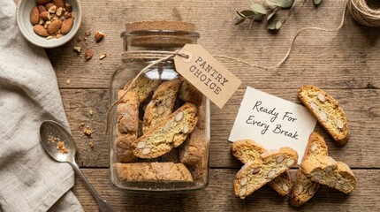 Fototapeta premium Homemade almond biscotti cookies stored in a glass jar with a cork lid sitting on a rustic wooden table, featuring crunchy italian cantuccini