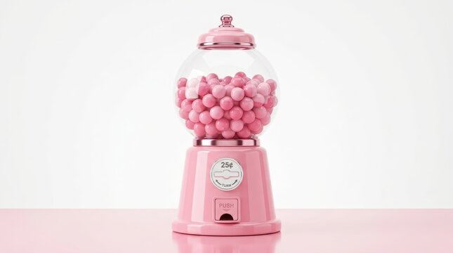 Minimalist pink gumball machine filled with assorted bubblegum balls stands on a reflective surface. This vintage style candy dispenser represents