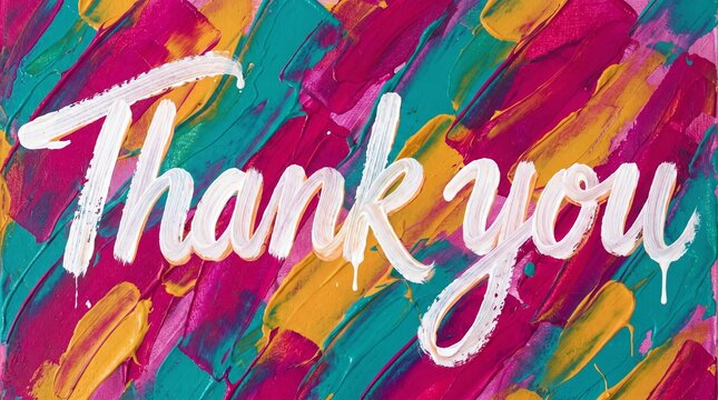 Handwritten thank you message in white paint over colorful oil paint impasto background