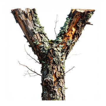 Rustic weathered tree branch forms the letter Y, textured bark, moss, dry twigs