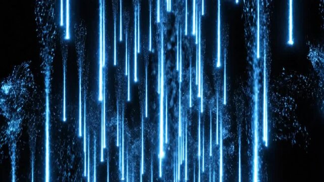 Neon light trails descend through a dark void creating a vibrant digital rain effect that illuminates the surrounding shadows with electric blue energy.