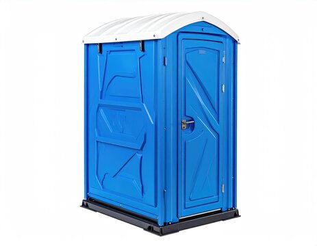 Blue portable restroom with white roof, door, and black base