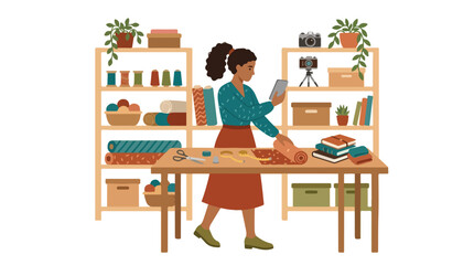 Fototapeta premium A dark-skinned woman in a craft studio takes a photo of fabric on a table surrounded by sewing supplies, plants, and shelves.