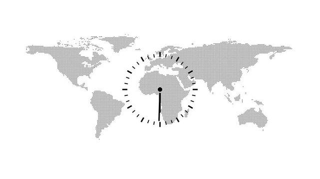 World Clock Animation on Global Map Background with Time Zone Concept
