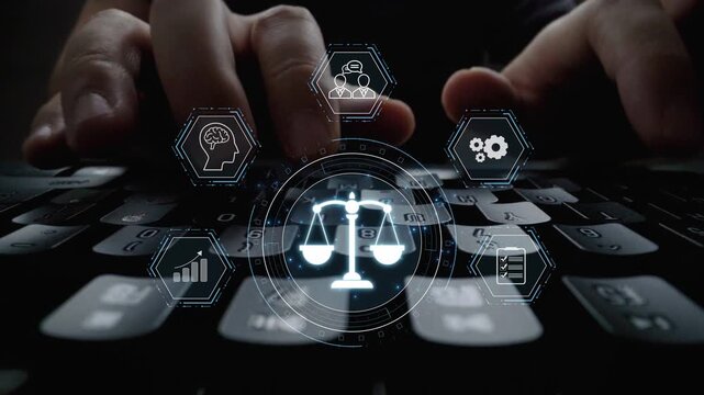 Futuristic digital law interface displaying justice scale, highlighting digital law, AI compliance, digital law systems, and digital law regulations for secure governance. Muxer