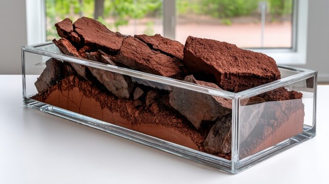 Earthquake simulation model with fractured soil and rocks in a glass display container