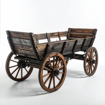 Antique wooden cart with large spoked wheels on white background