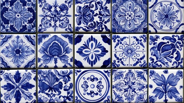 Blue and white floral pattern ceramic tiles