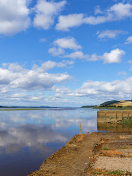 Looking East up the Tay Estuary towards Dundee from one of the old Stone jetties at Newburgh Old Harbour which jut out into the Estuary.