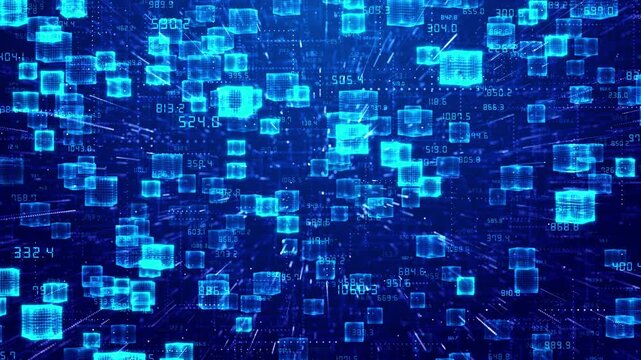 Blue floating data cubes background with glowing hologram blocks, numeric labels, and deep digital network space. Perfect for analytics videos, cloud storage intros, tech demos, and visual overlays.