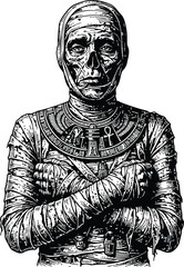 Obraz premium Engraving of a vintage mummy during halloween with ancient egyptian symbols in a dramatic composition