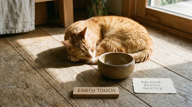Peaceful ginger tabby cat sleeping on a rustic wooden floor next to a handmade ceramic bowl and small zen signs with inspirational quotes about