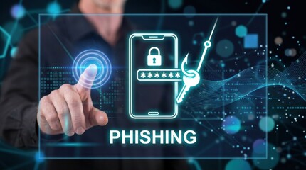 Fototapeta premium Professional user interacts with digital screen displaying phishing attack concept on mobile device using fishing hook to steal personal data password and keys for malicious web fraud purposes images.