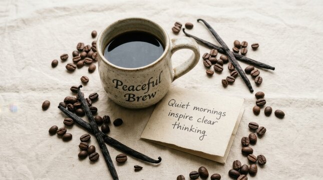 Rustic ceramic mug of black coffee with Peaceful Brew text surrounded by aromatic coffee beans and vanilla pods on linen fabric with an inspiring handwritten note for a mindful morning routine today.