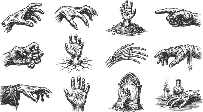 Engraving vintage halloween hands emerging from graves and earth with spooky lighting and aged paper texture