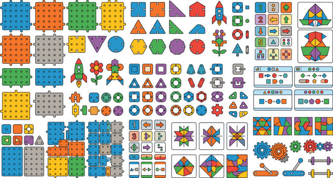 Colorful Educational Pattern Block and Geometric Shape Vector Collection with STEM Learning Puzzle and Math Manipulative Elements
