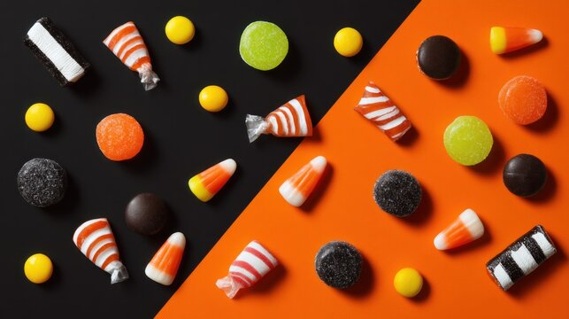 Assortment of colorful, wrapped and unwrapped candies like licorice, gumdrops, and chocolate-covered treats scattered on black/orange background