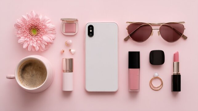 Flatlay composition on pink with various beauty items, accessories, flower, coffee, and phone, creating a stylish arrangement