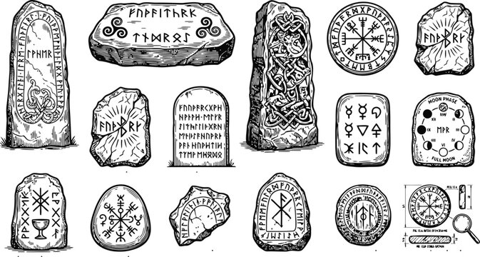 Engraving vintage halloween runes and symbols on ancient weathered stones with a mystical aura